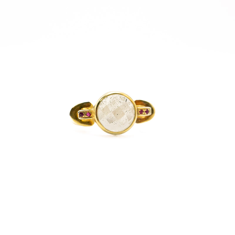 Faceted Gold Tektite with Rubies Ring