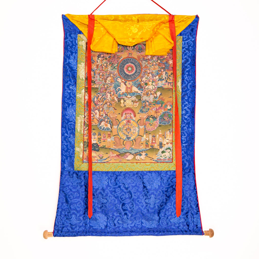 Wheel of Dharma with Windhorse Thangka, Thangka, Art, Fine Art