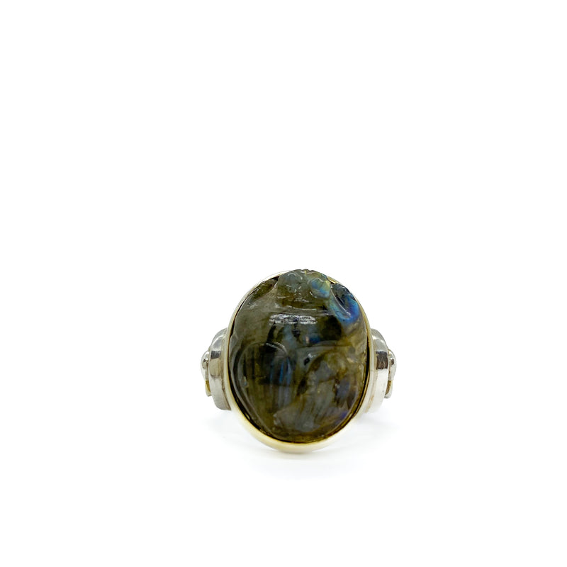 Labradorite Scarab with Gold Ankhs Ring